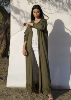 Picture of Olive linen with pleated trimmings abaya