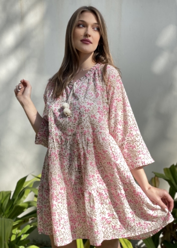Picture of Pink floral block print short dress