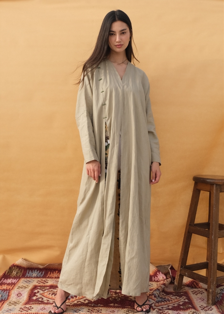 Picture of khaki beige pure linen abaya with handmade embroidery