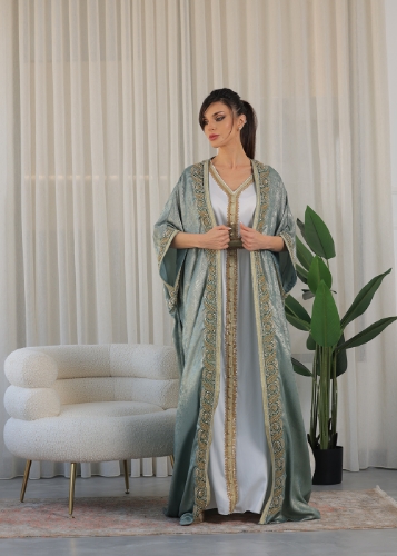 صورة Emerald Green Floral Embroidered Kaftan Jalabiya