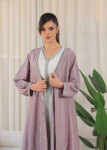 Picture of Lilac White V-Neck Rhinestone Kaftan Jalabiya