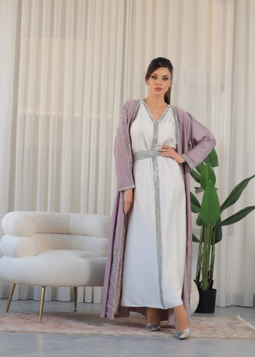 Picture of Lilac White V-Neck Rhinestone Kaftan Jalabiya