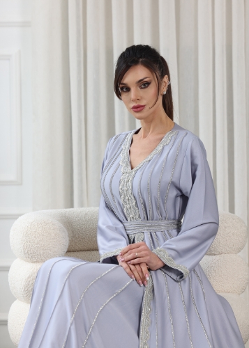 Picture of Silver Grey V-Neck Embellished Kaftan Jalabiya